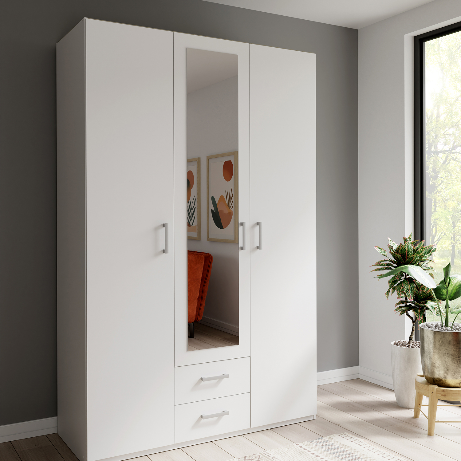 Garde robe ECONOBOX2 3 portes et miroir blanche vue décor Liège