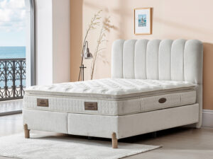 Lit Boxspring moderne SENNA avec matelas inclus en tissu blanc à Liège