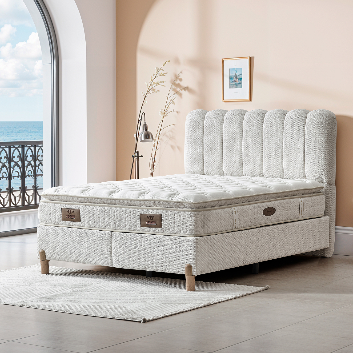 Lit Boxspring moderne SENNA avec matelas inclus en tissu blanc à Liège