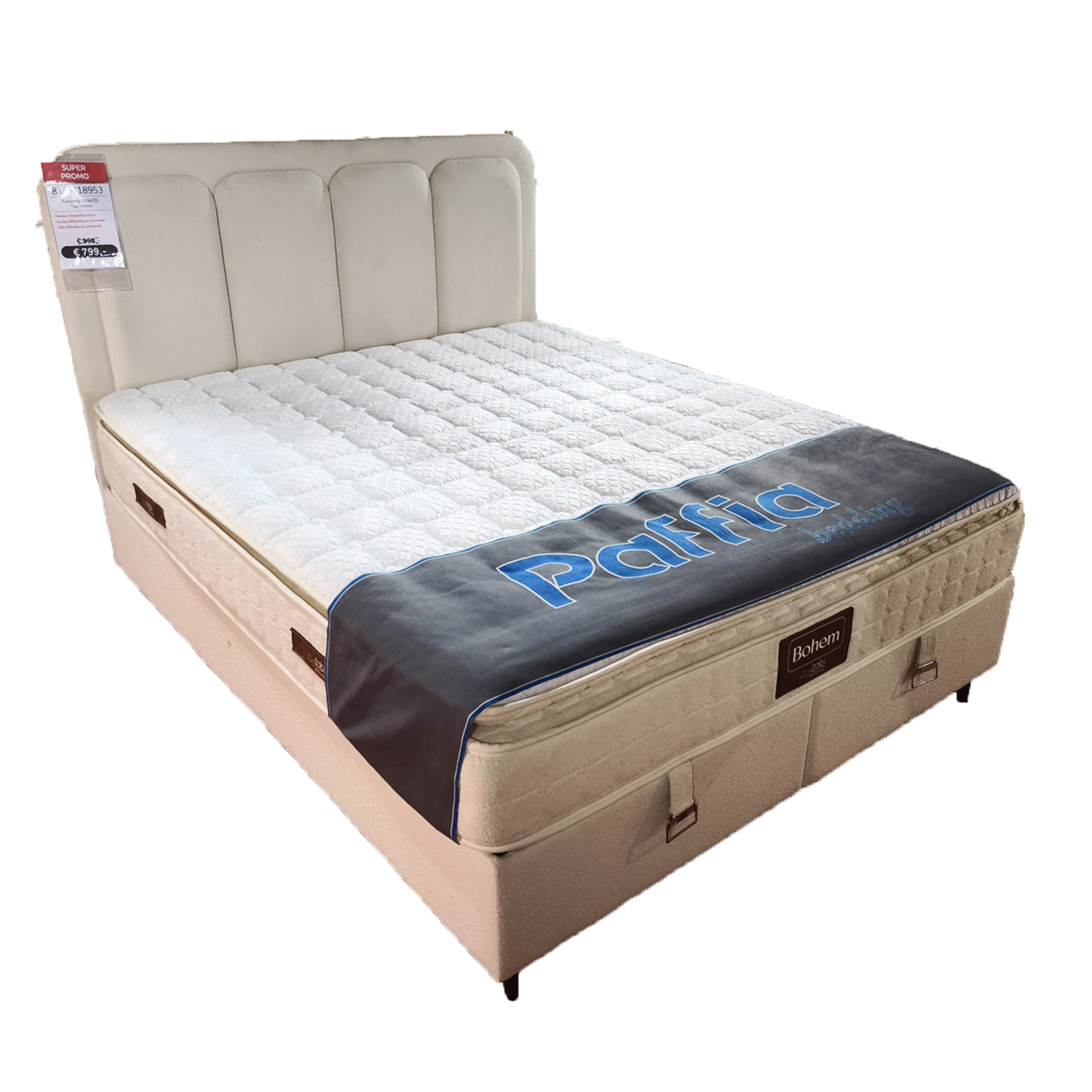 Lit complet boxspring BOHEM creme 160x200cm en tissu moderne et chaleureux