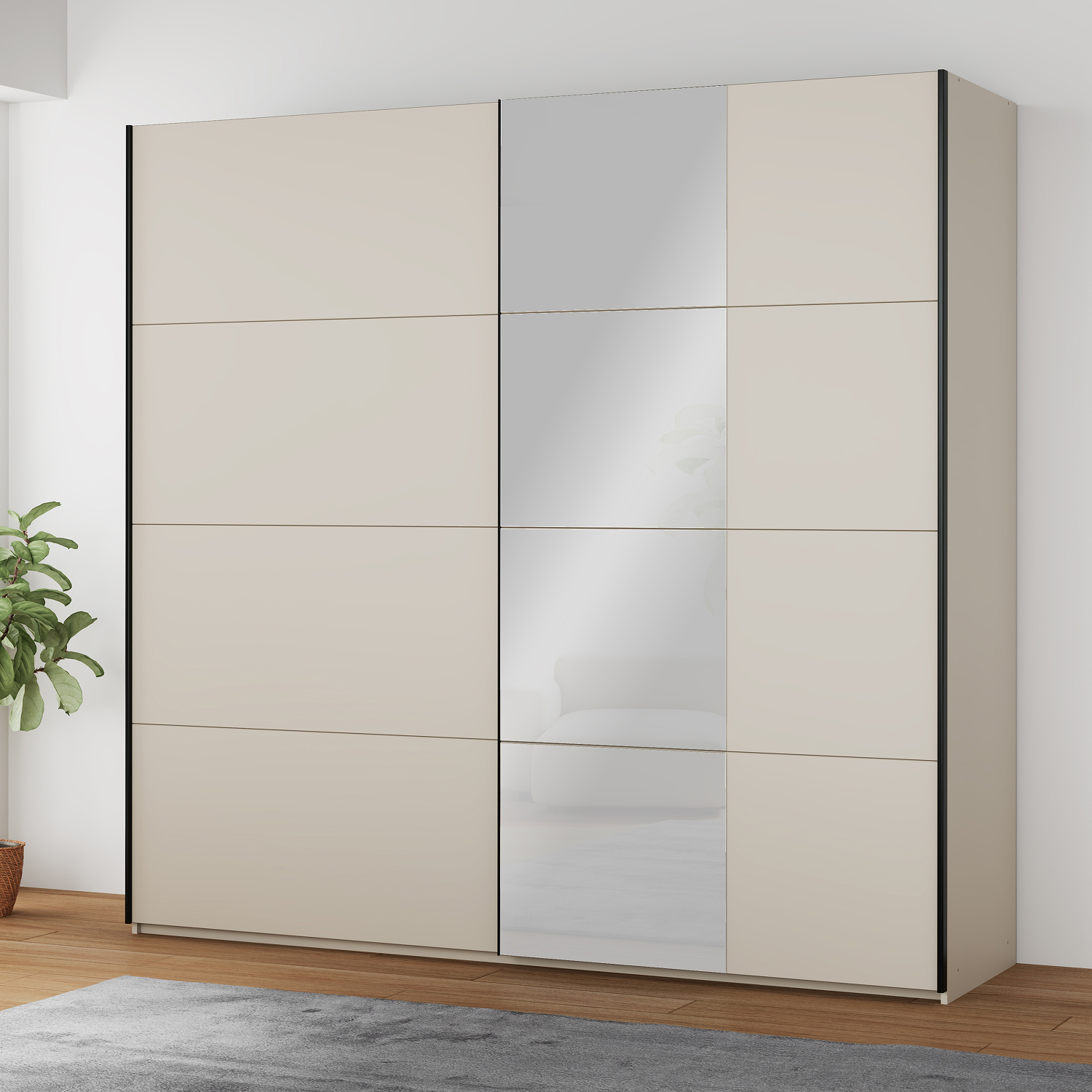 Garde robe moderne 220cm couleur sable avec deux grandes portes miroirs collection VODOL