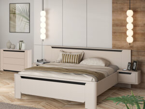 Lit adulte 160x200cm couleur sable et ses deux tables de nuit assorties gamme VODOL