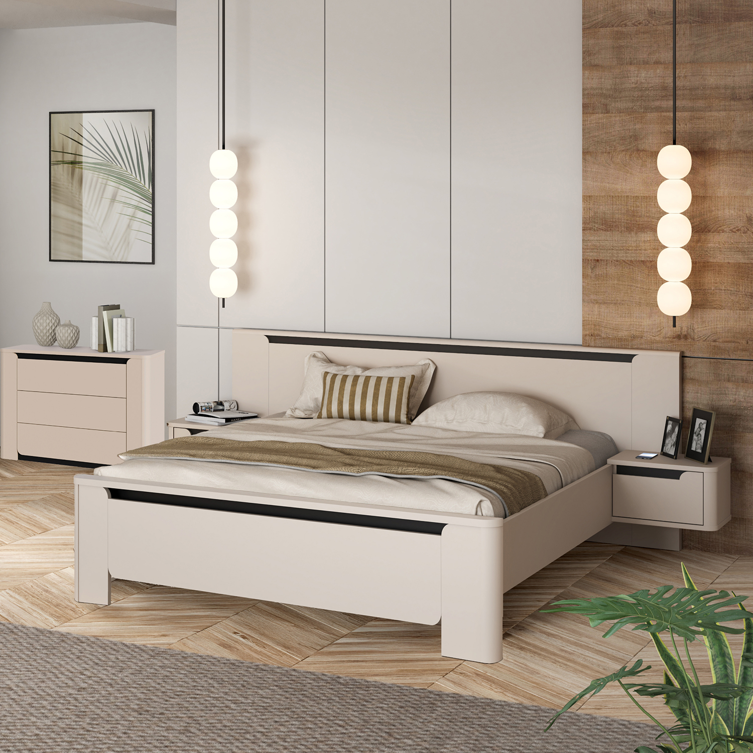 Lit adulte 160x200cm couleur sable et ses deux tables de nuit assorties gamme VODOL