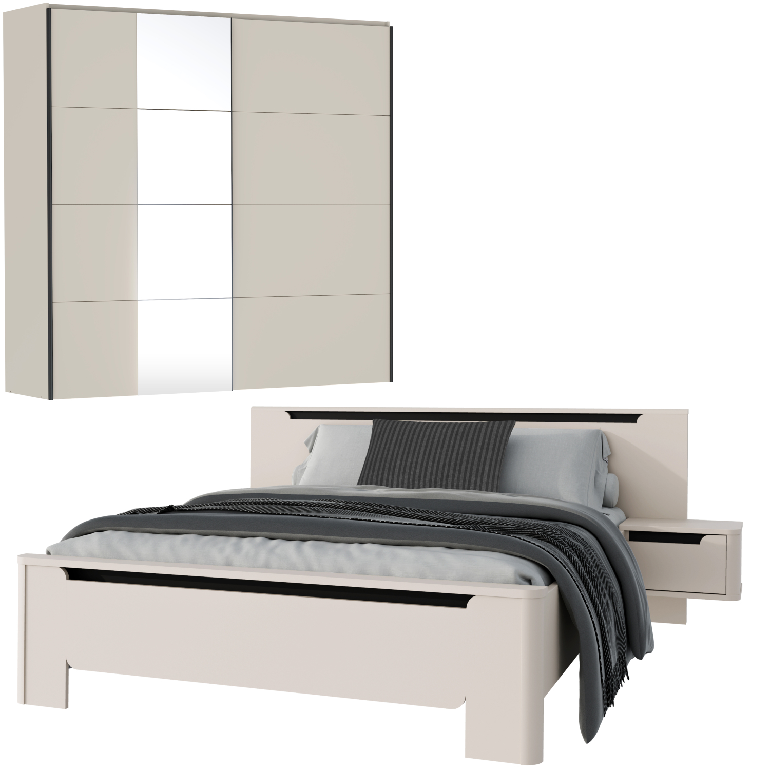 Chambre complete VODOL sable moderne avec lit 160x200cm garde robe et tables de chevet