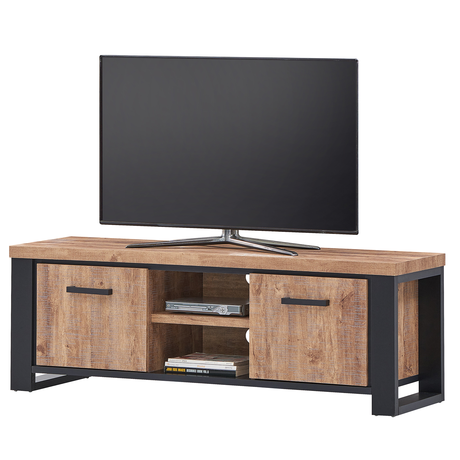 Meuble TV de salon en bois et noir style rustique mais moderne avec deux portes et deux niches ouvertes collection ESTRELLA