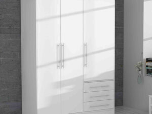 Armoire garde robe blanche moderne trois portes battantes et trois tiroirs extérieurs collection JUPITER décor