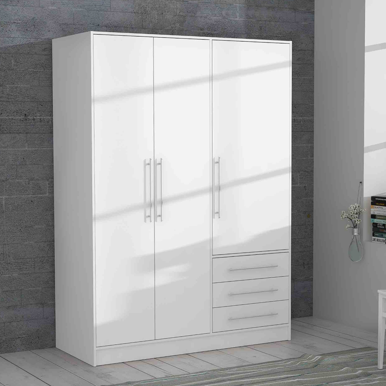 Armoire garde robe blanche moderne trois portes battantes et trois tiroirs extérieurs collection JUPITER décor
