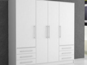 Grande garde robe blanche de style simple et moderne quatre portes et six tiroirs collection JUPITER décor