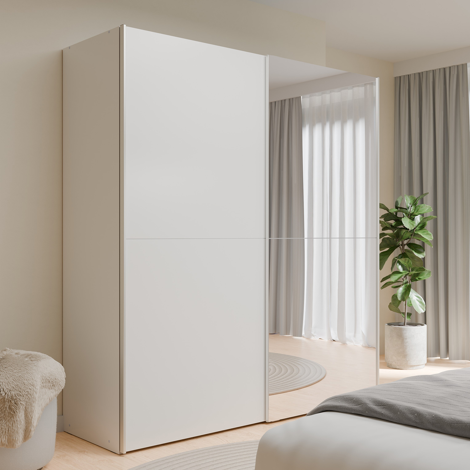 Garde robe blanche moderne deux portes coulissantes dont une porte miroir pleine collection KAIKAIS Décor