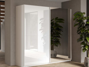 Garde robe moderne blanc laque deux portes coulissantes avec miroir collection SWING