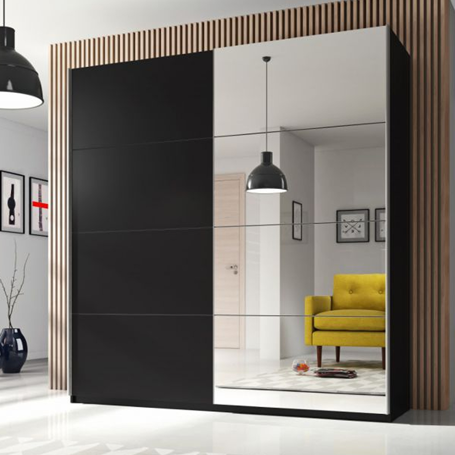Garde robe noire deux portes coulissantes avec grands miroirs collection BETA