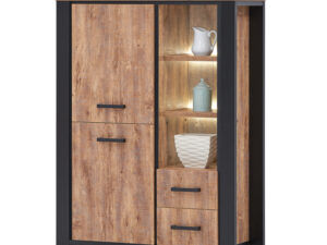 Meuble vitrine de sejour deux portes en bois et noir avec eclairage LED offert collection ESTRELLA