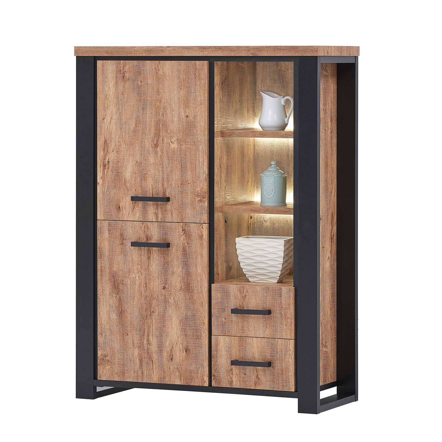 Meuble vitrine de sejour deux portes en bois et noir avec eclairage LED offert collection ESTRELLA