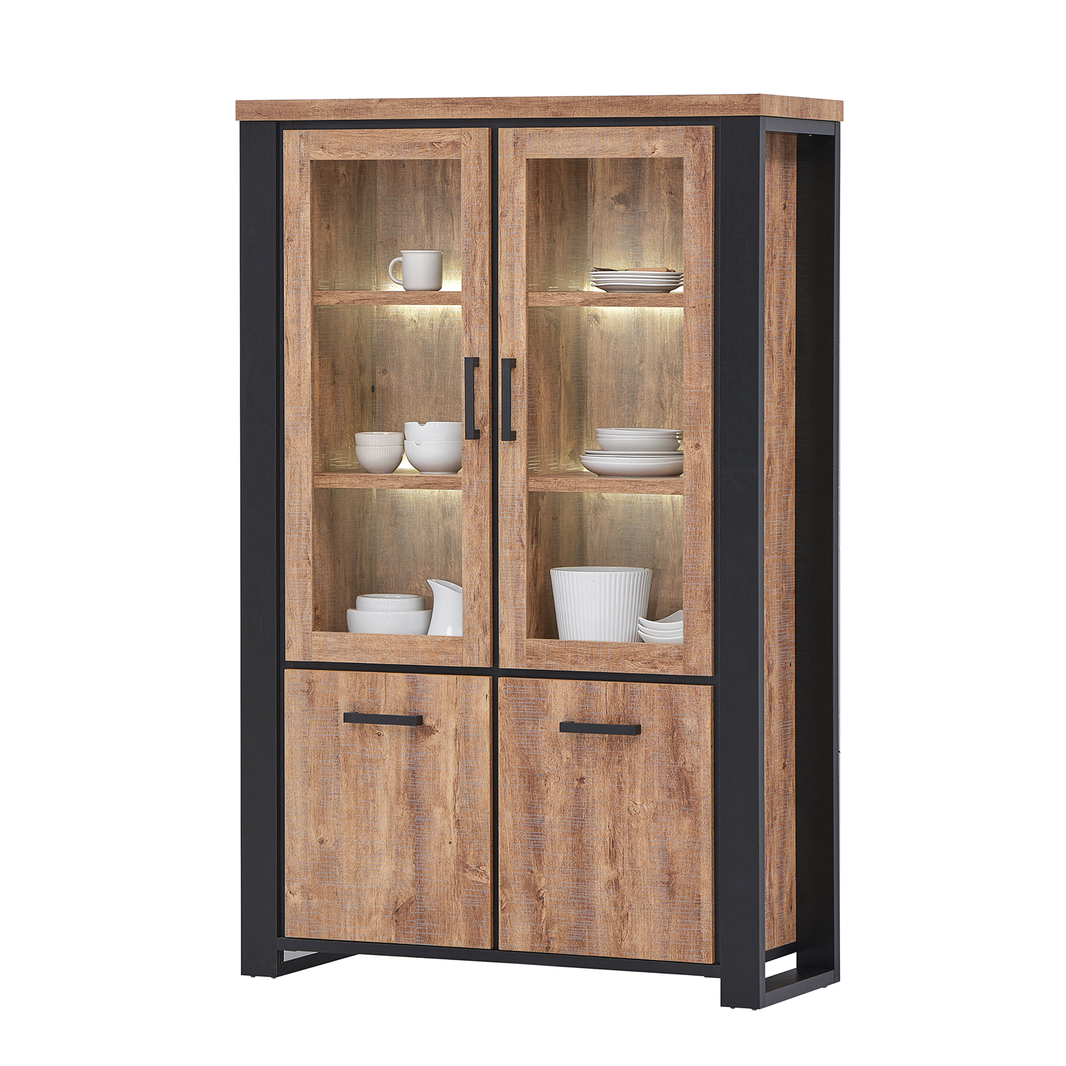 Meuble vitrine vaisselier de style naturel et moderne en bois et noir avec deux portes vitrees collection ESTRELLA