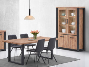 Salle a manger complete en bois et noir avec table dressoir et vitrine lumineuse collection ESTRELLA