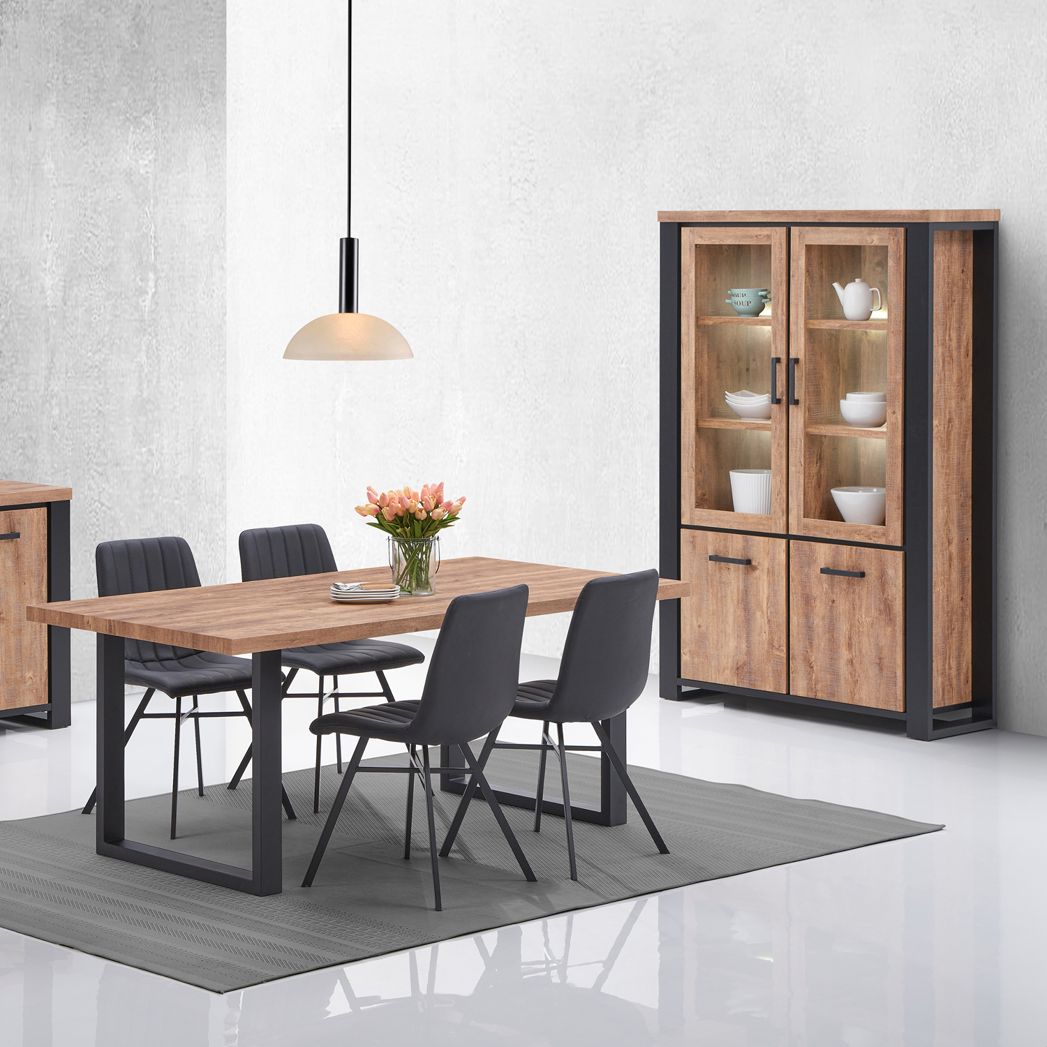 Salle a manger complete en bois et noir avec table dressoir et vitrine lumineuse collection ESTRELLA