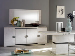 Buffet dressoir de sejour de style chic raffine et moderne avec finition effet pierre grise et eclairage LED collection MISTRAL