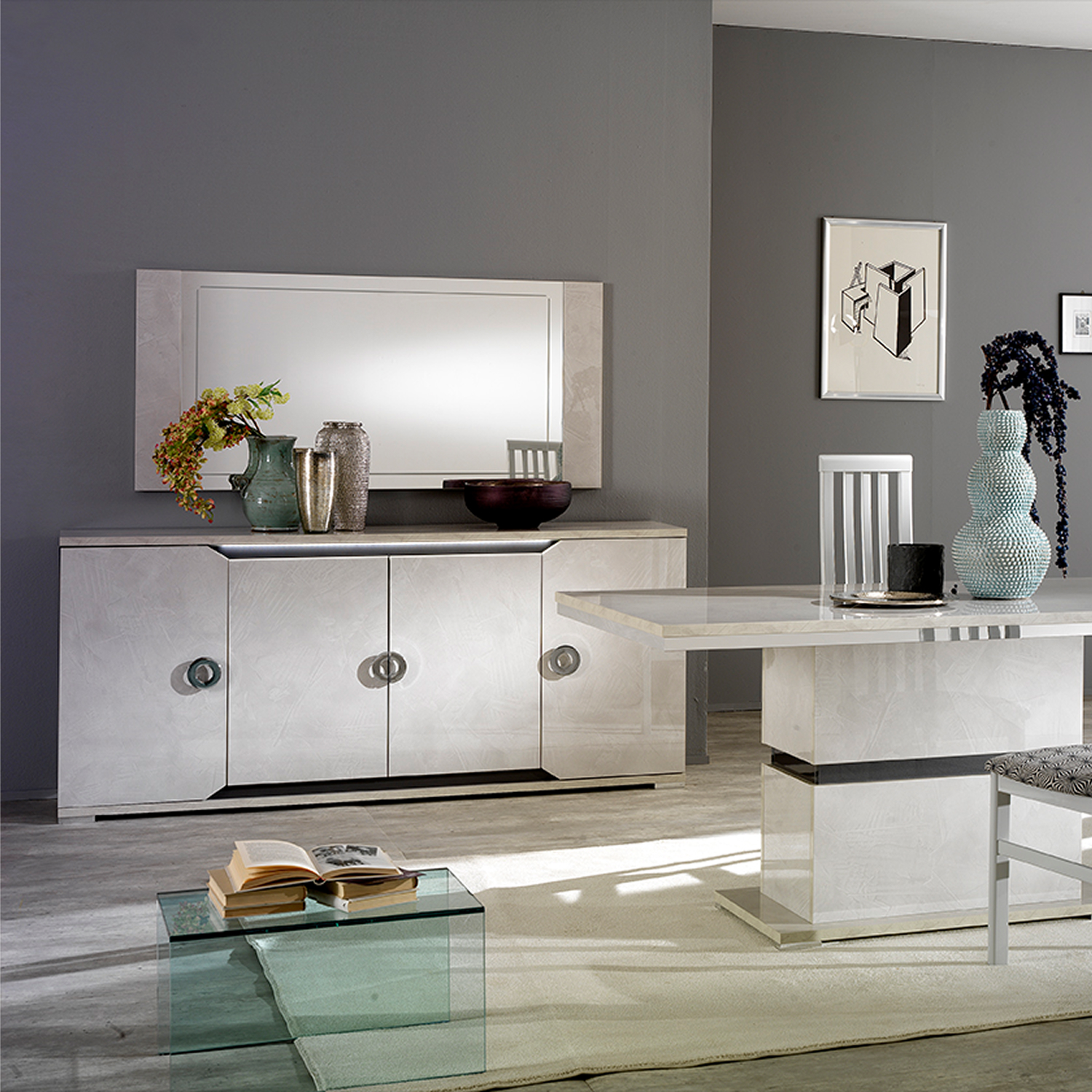 Buffet dressoir de sejour de style chic raffine et moderne avec finition effet pierre grise et eclairage LED collection MISTRAL