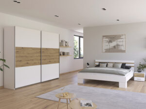 Chambre complete de style harmonieux naturel et moderne en bois et blanc laque avec lit double armoire coulissante et tables de chevet collection FOSTER