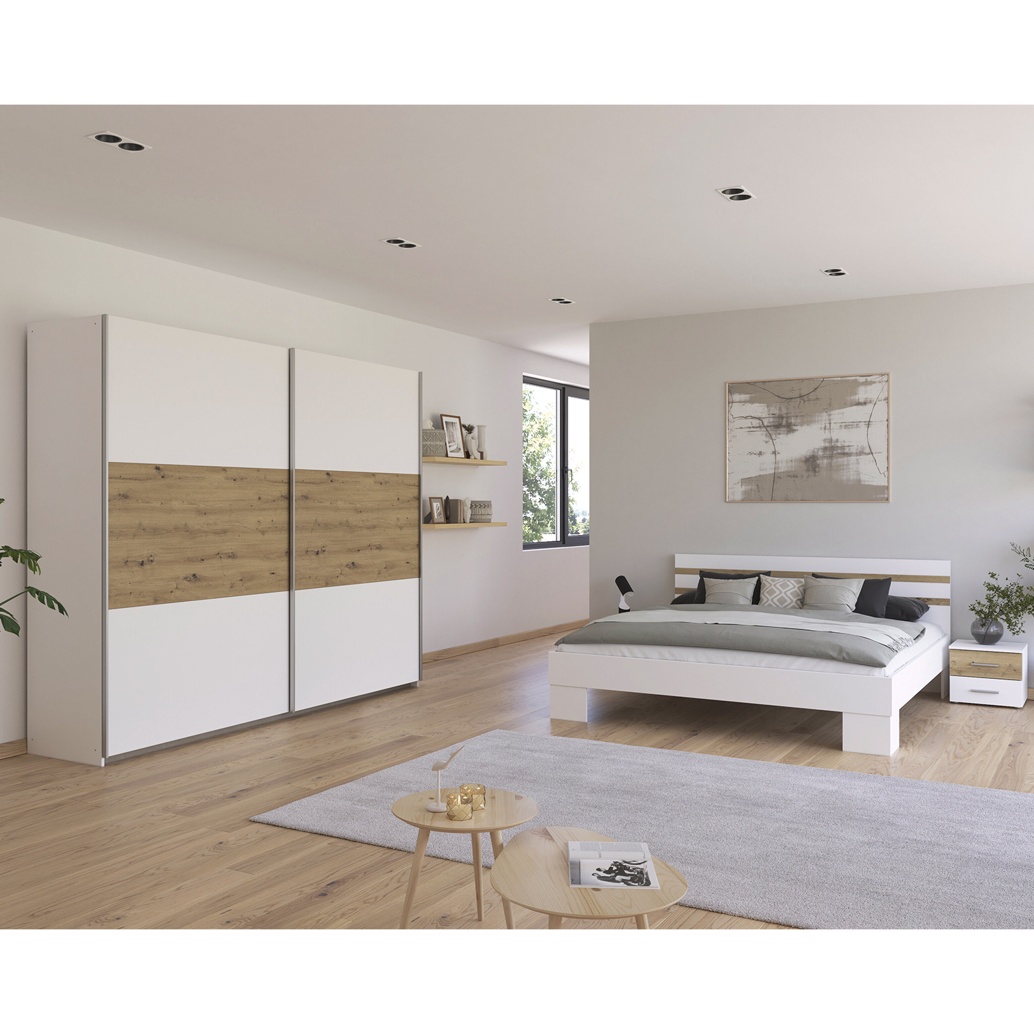Chambre complete de style harmonieux naturel et moderne en bois et blanc laque avec lit double armoire coulissante et tables de chevet collection FOSTER