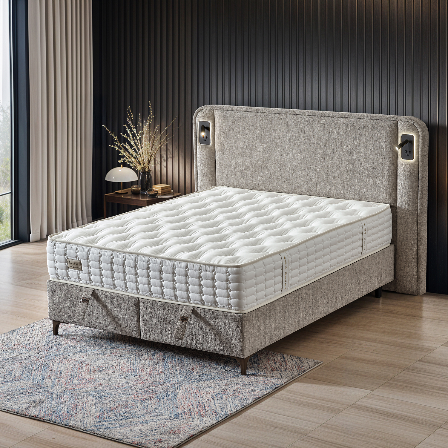 Lit complet boxspring de style chic confort deluxe en tissu beige avec tete de lit capitonnee eclairage veilleuse et liseuse collection MARVEL