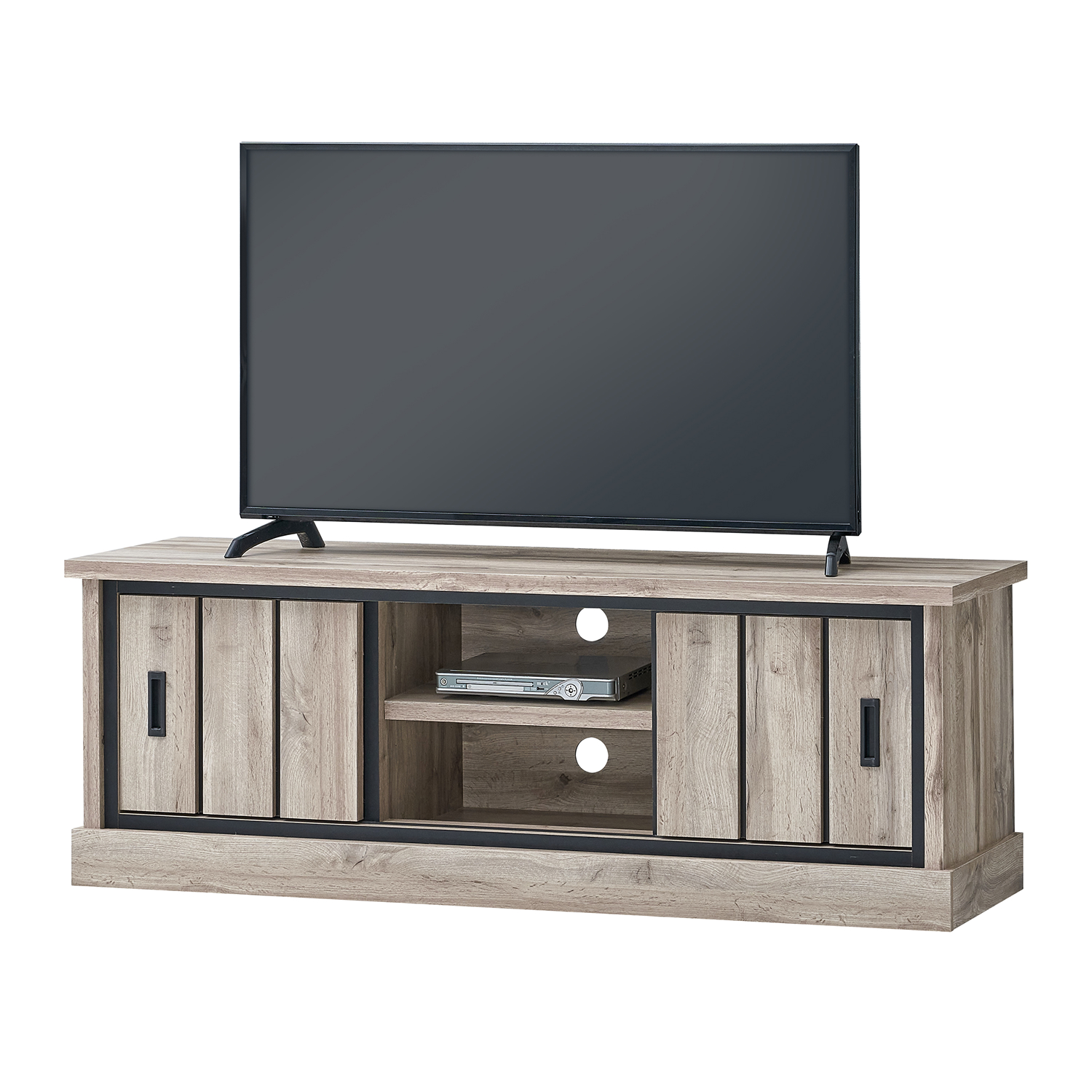 Meuble TV de salon de style naturel et moderne en chene clair avec deux portes et une niche collection ELENA