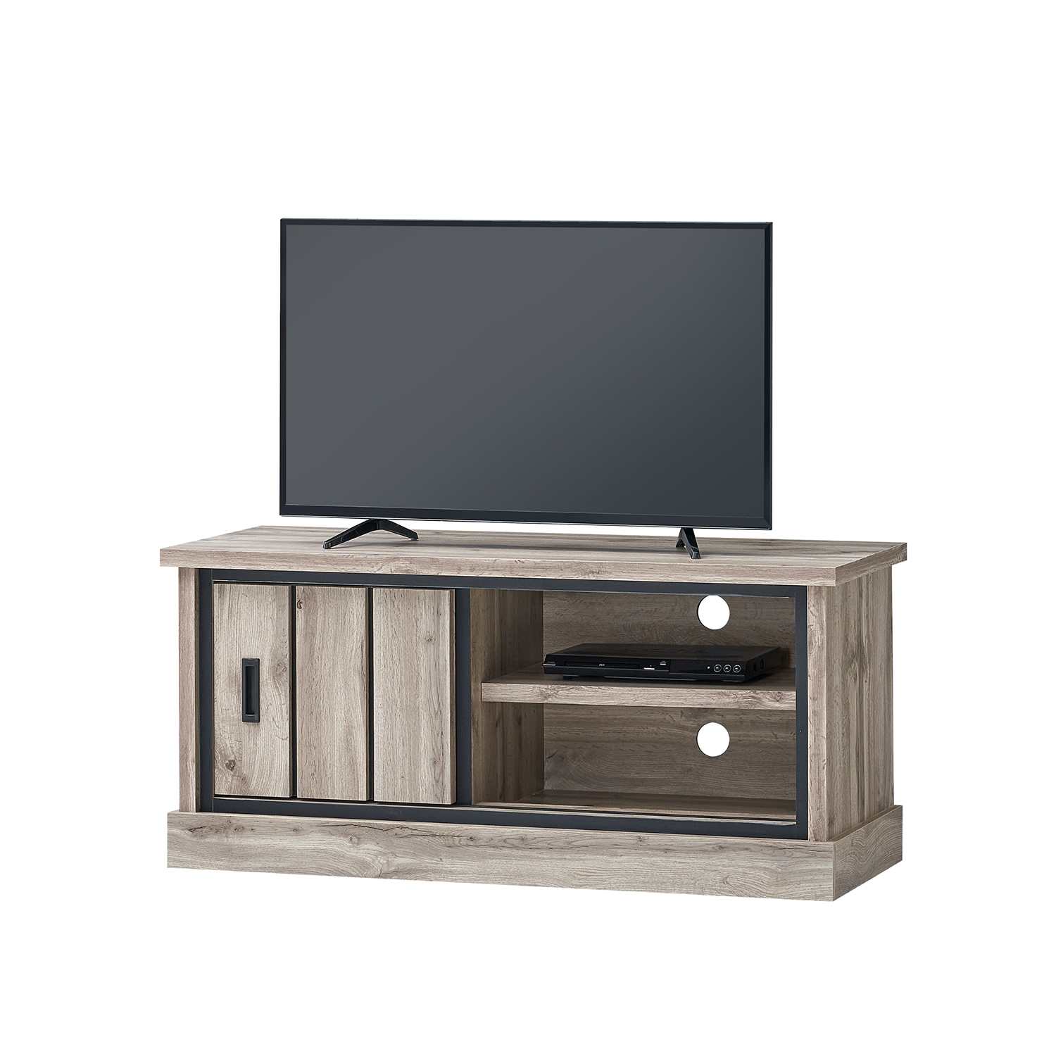 Meuble TV de salon de style naturel et moderne en chene clair avec une porte coulissante et une niche collection ELENA
