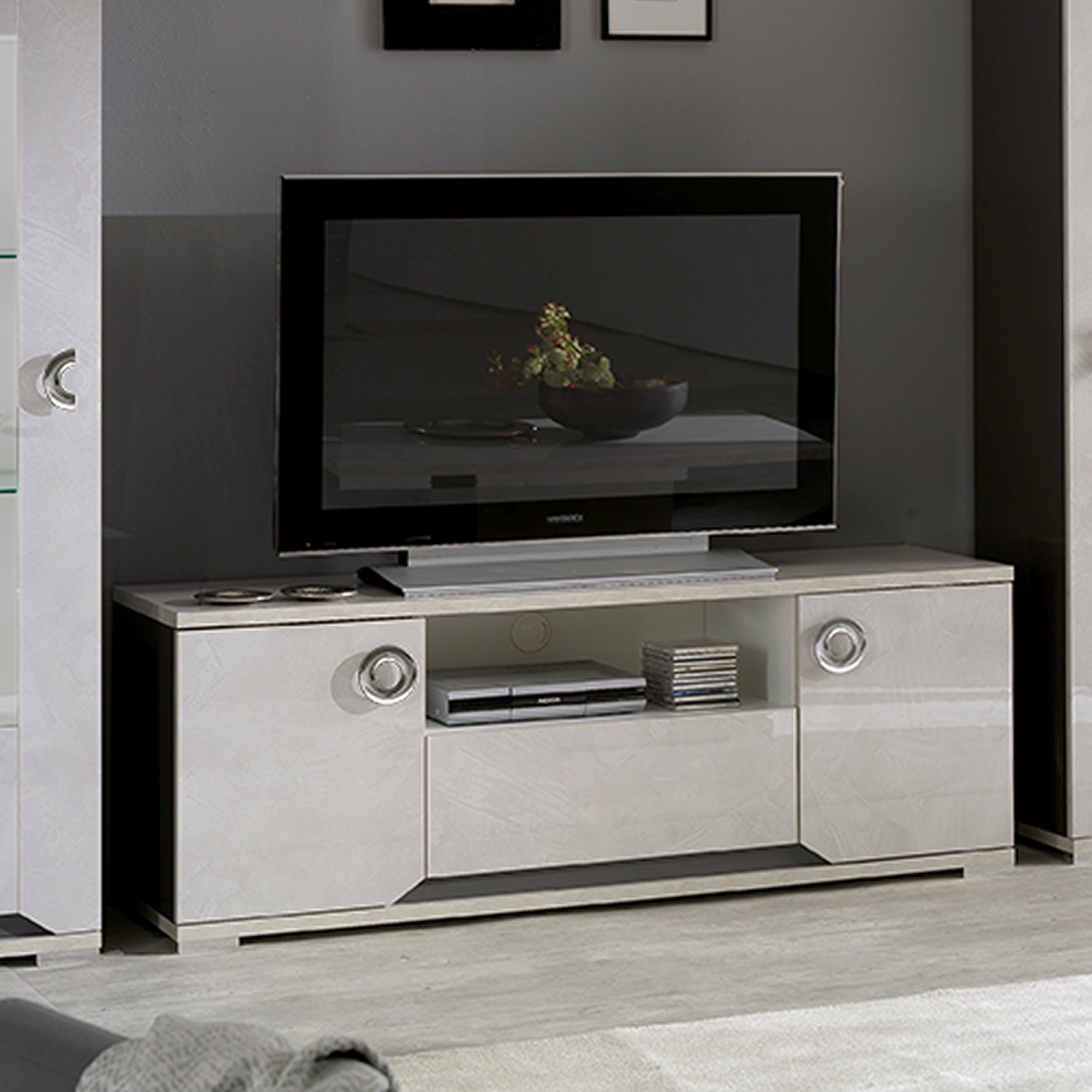 Meuble TV de salon de style chic raffine et moderne avec finition effet pierre grise collection MISTRAL