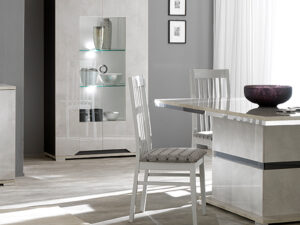 Meuble vitrine de sejour au style chic raffine et moderne effet pierre frisee avec deux portes vitrees et eclairage LED collection MISTRAL