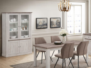 Ensemble salle a manger complete chaleureuse et familiale en chene clair d automne avec table dressoir et vitrine collection ELINE