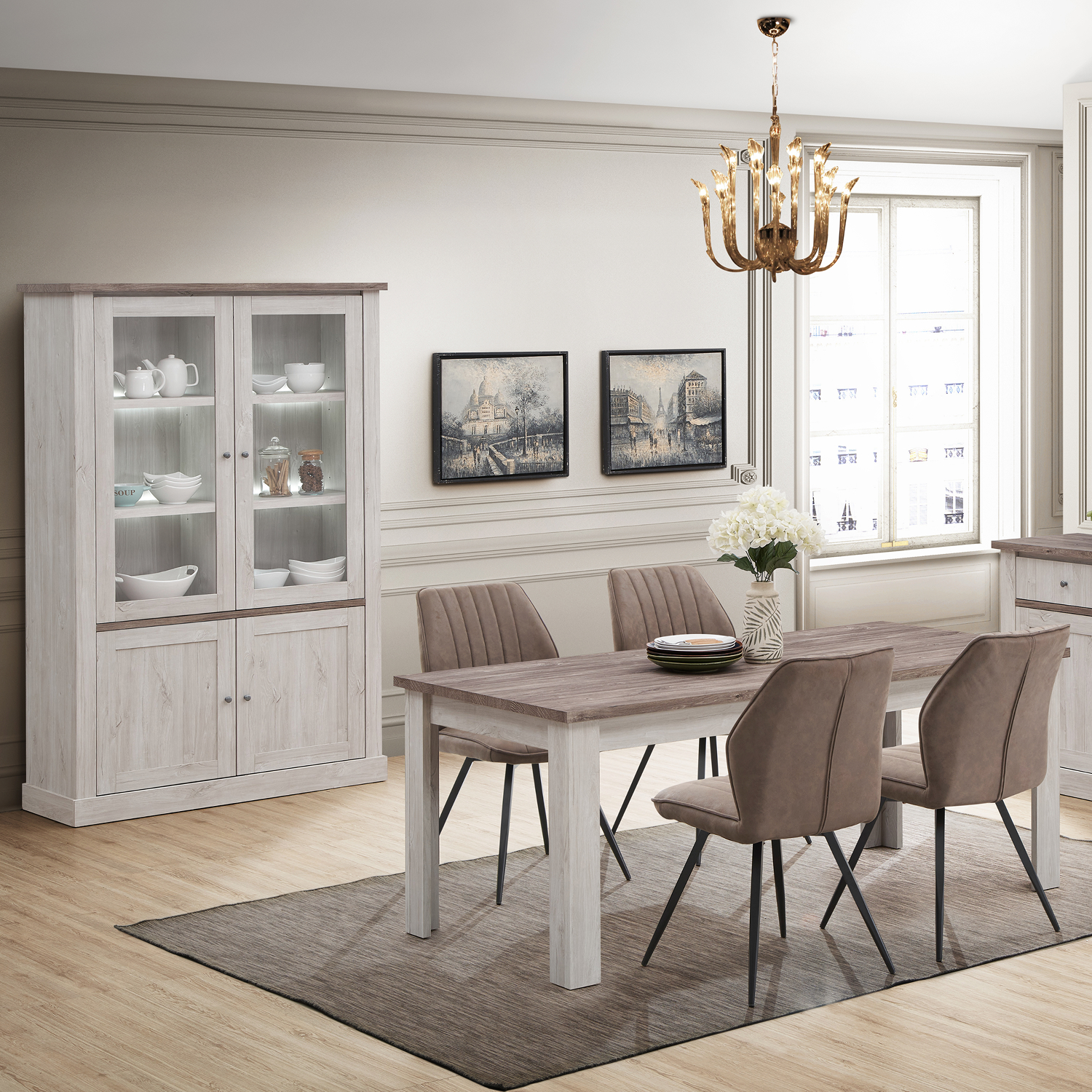 Ensemble salle a manger complete chaleureuse et familiale en chene clair d automne avec table dressoir et vitrine collection ELINE