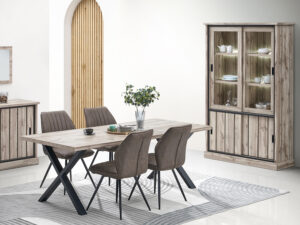 Ensemble salle a manger complete de style naturel et moderne en chene clair avec table ovale dressoir et vitrine collection ELENA