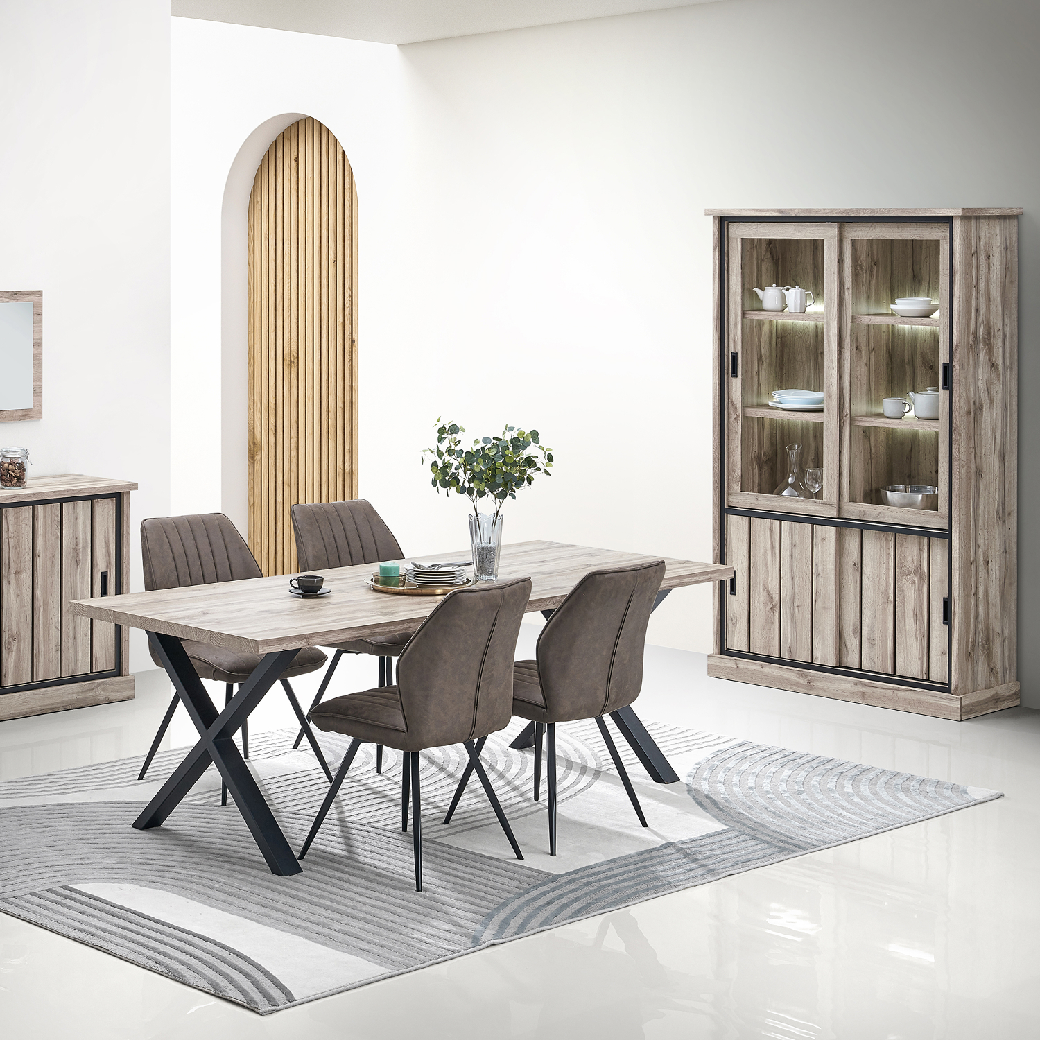 Ensemble salle a manger complete de style naturel et moderne en chene clair avec table ovale dressoir et vitrine collection ELENA