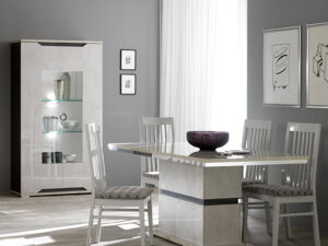 Ensemble salle a manger complete de style chic raffine et moderne effet pierre grise comprenant table dressoir et vitrine avec eclairage LED collection MISTRAL