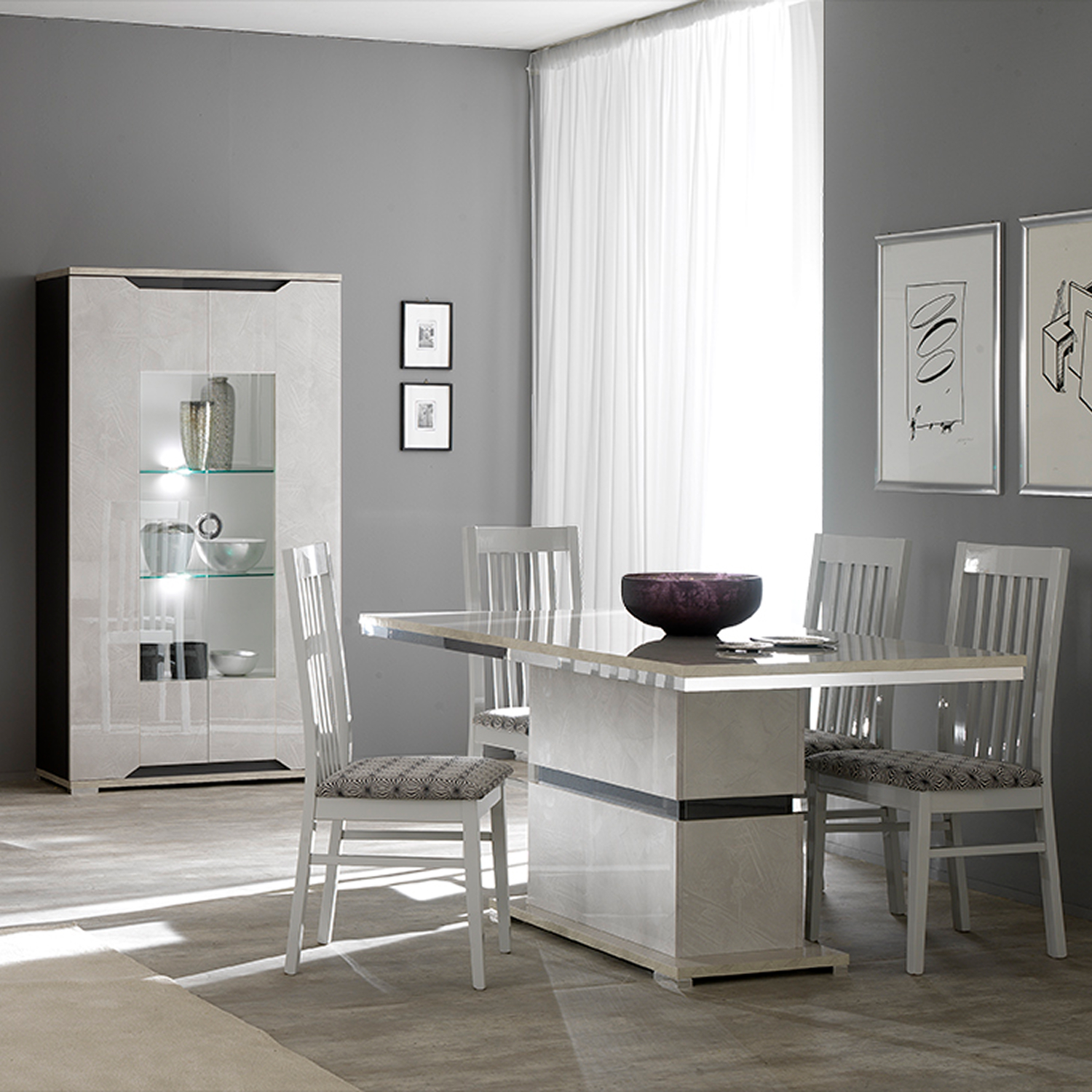 Ensemble salle a manger complete de style chic raffine et moderne effet pierre grise comprenant table dressoir et vitrine avec eclairage LED collection MISTRAL