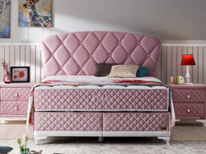 Boxspring avec coffre de rangement en tissu rose et matelas orthopédique collection PINKY vue de face