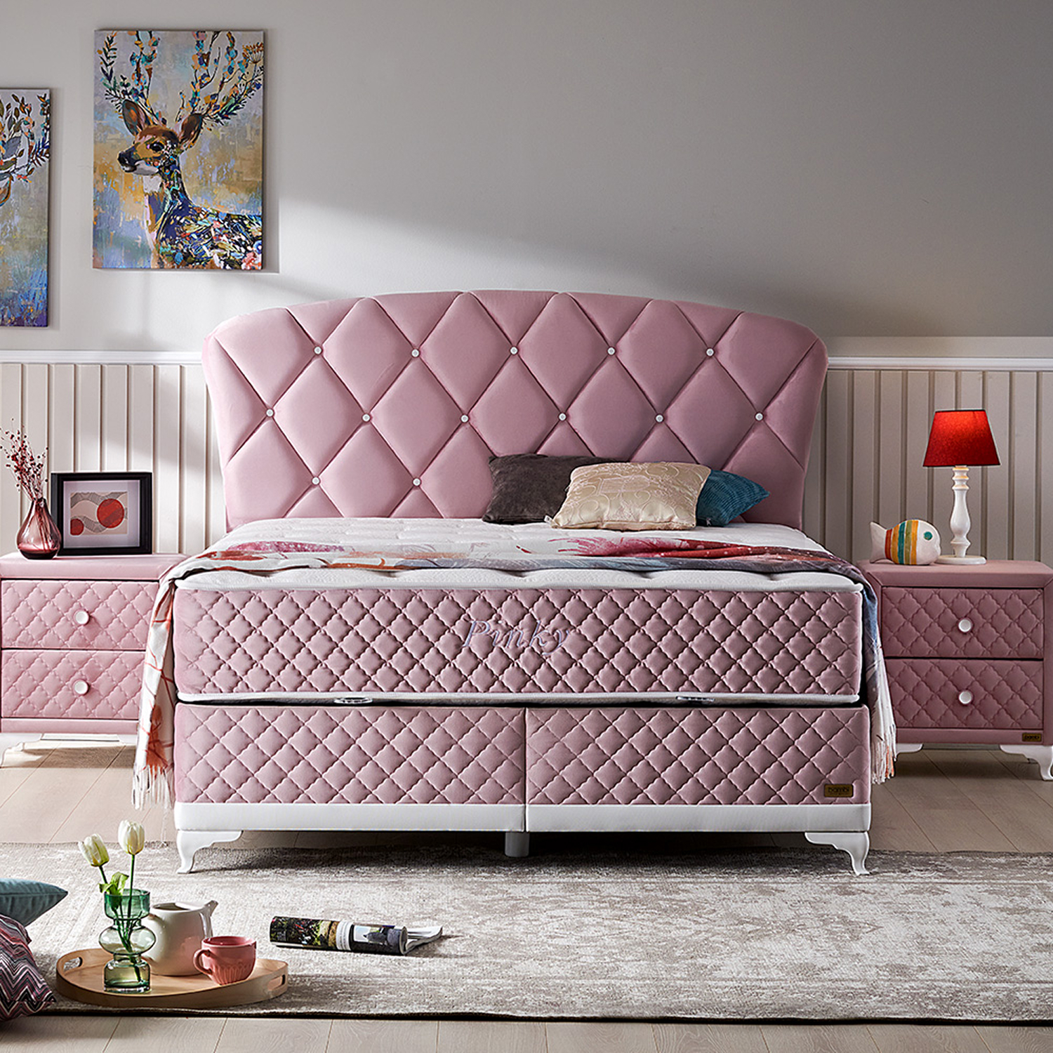 Boxspring avec coffre de rangement en tissu rose et matelas orthopédique collection PINKY vue de face