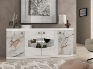 Buffet dressoir de sejour de style luxueux et moderne en blanc laque et effet marbre avec quatre portes collection GALAXY