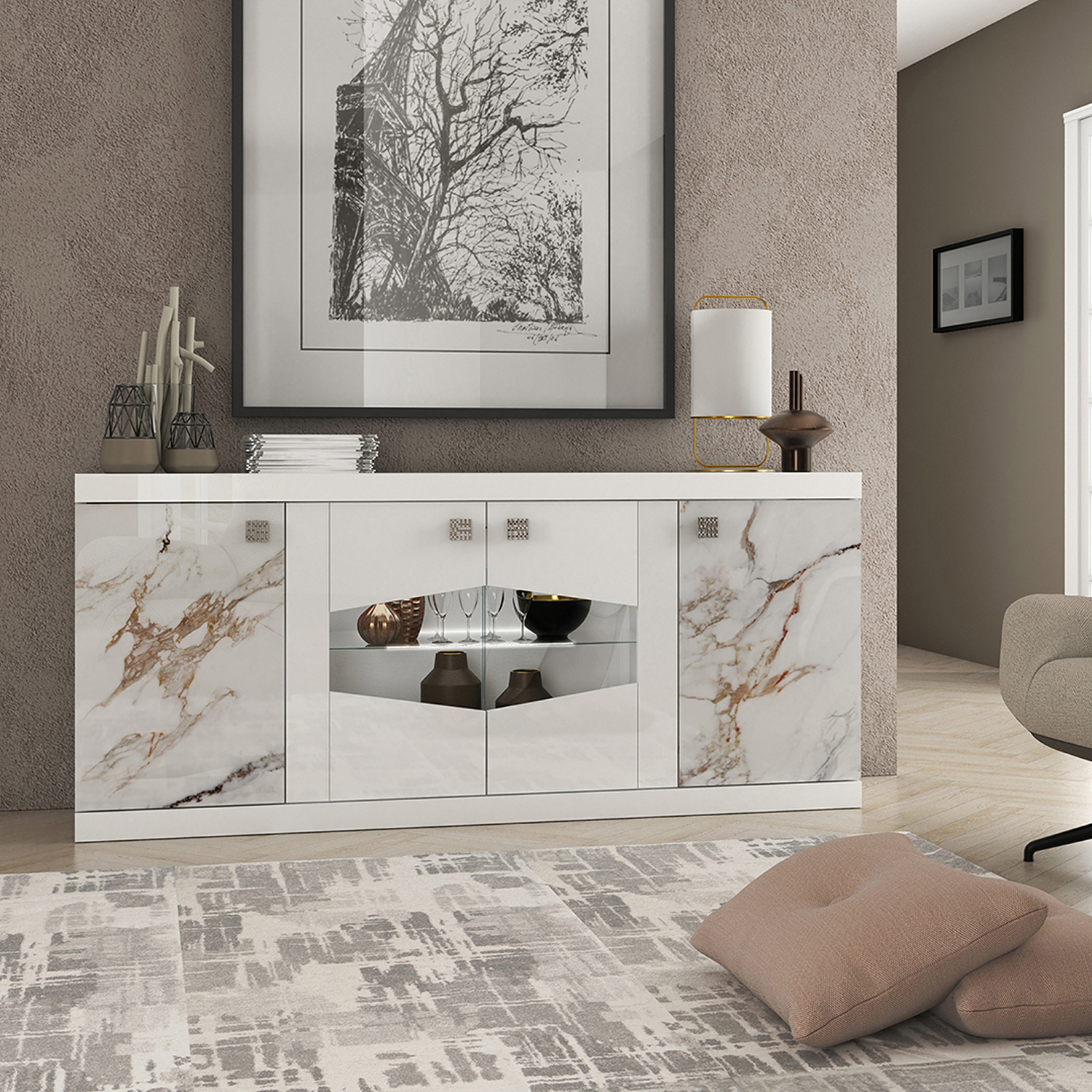 Buffet dressoir de sejour de style luxueux et moderne en blanc laque et effet marbre avec quatre portes collection GALAXY