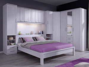 Chambre d angle complete avec armoires pont de lit et cadre 160 cm finition bois clair collection FORTUNA