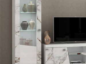 Colonne vitrine vaisselier de style luxueux et moderne en blanc laque et effet marbre avec une porte collection GALAXY