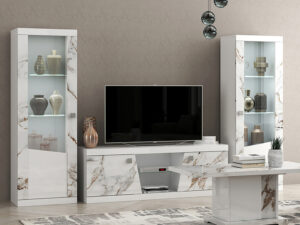 Colonne vitrine vaisselier de style luxueux et moderne en blanc laque et effet marbre avec une porte collection GALAXY ensemble