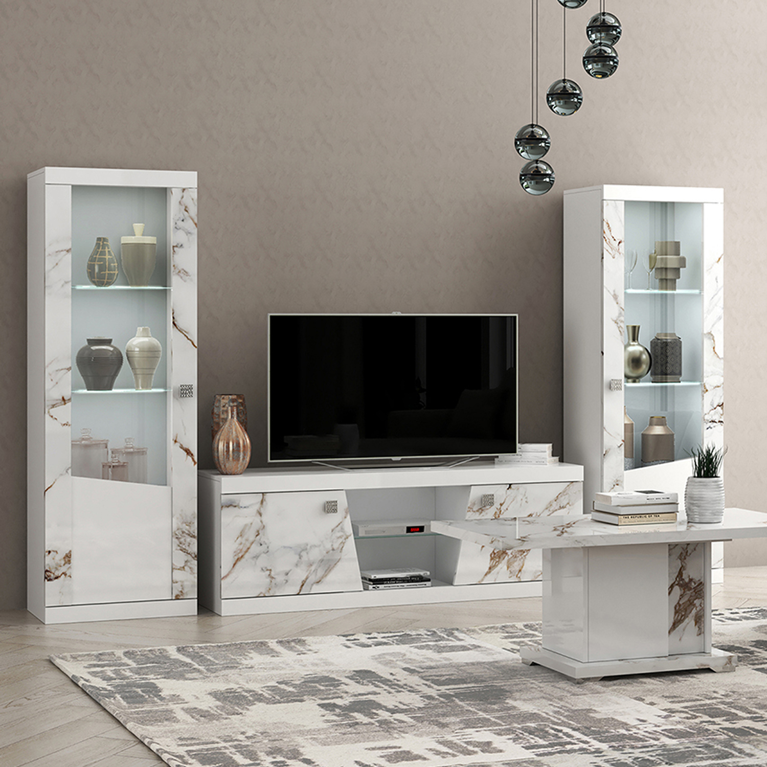 Colonne vitrine vaisselier de style luxueux et moderne en blanc laque et effet marbre avec une porte collection GALAXY ensemble