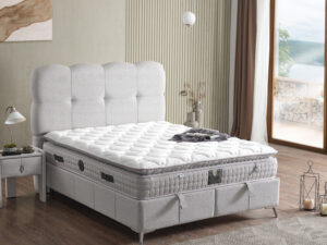 Lit boxspring complet avec coffre de rangement et matelas orthopedique style classique et elegant collection AURA