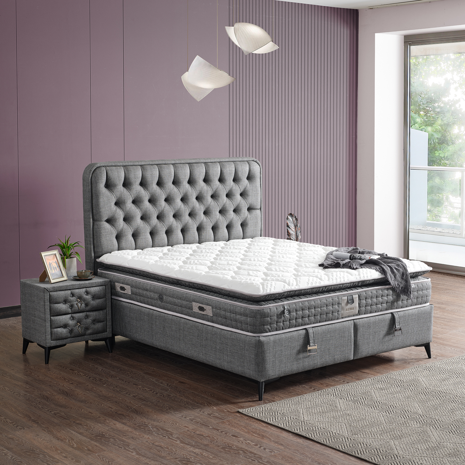 Lit boxspring de chambre a coucher au style stylise et sobre en tissu gris collection LOFT