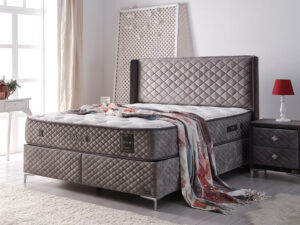 Lit boxspring en tissu gris élégant avec sommier coffre et matelas orthopedique a regulation thermique collection THERMO CONTROL décor