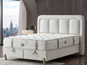 Lit boxspring haut de gamme en tissu beige avec coffre de rangement et matelas orthopedique ambiance prestige et royale collection KING MASTER décor
