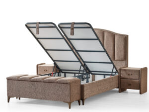 Lit boxspring en tissu marron avec sommier coffre et matelas orthopedique aux lignes anguleuses et structurees collection ARES