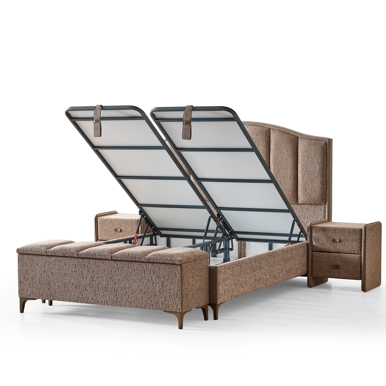Lit boxspring en tissu marron avec sommier coffre et matelas orthopedique aux lignes anguleuses et structurees collection ARES