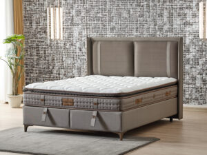 Lit boxspring complet en tissu gris au style contemporain pour chambre a coucher collection BATUM décor